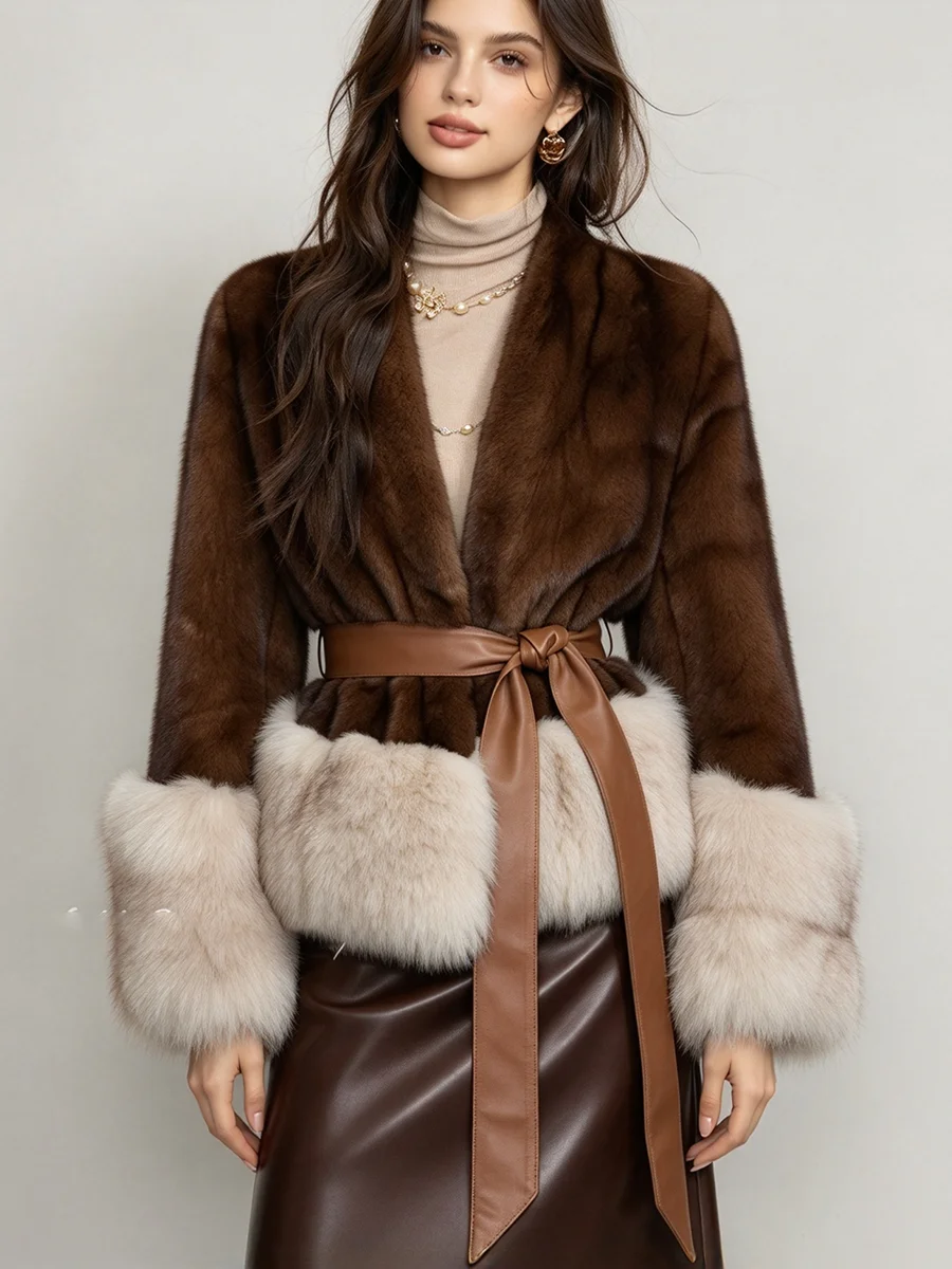 LIMO Women Faux Mink Fur Jacket Belted Waist Fox Fur Cuff Open Front Short Winter Coat