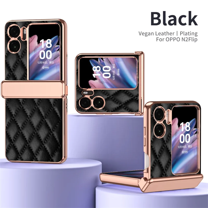 Vegan Leather Plating Folding Mobile Phone Case for OPPO Find N2 Flip Magnetic Hinge Design Shell