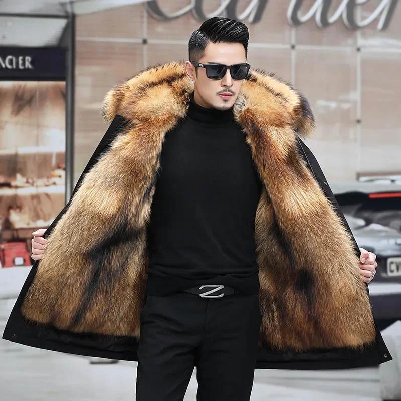 

Lugentolo Faux Fur Coat Men Winter Liner Detachable Mid Length Hooded Jacket Zipper Loose Parkas Large Size Mens Clothing