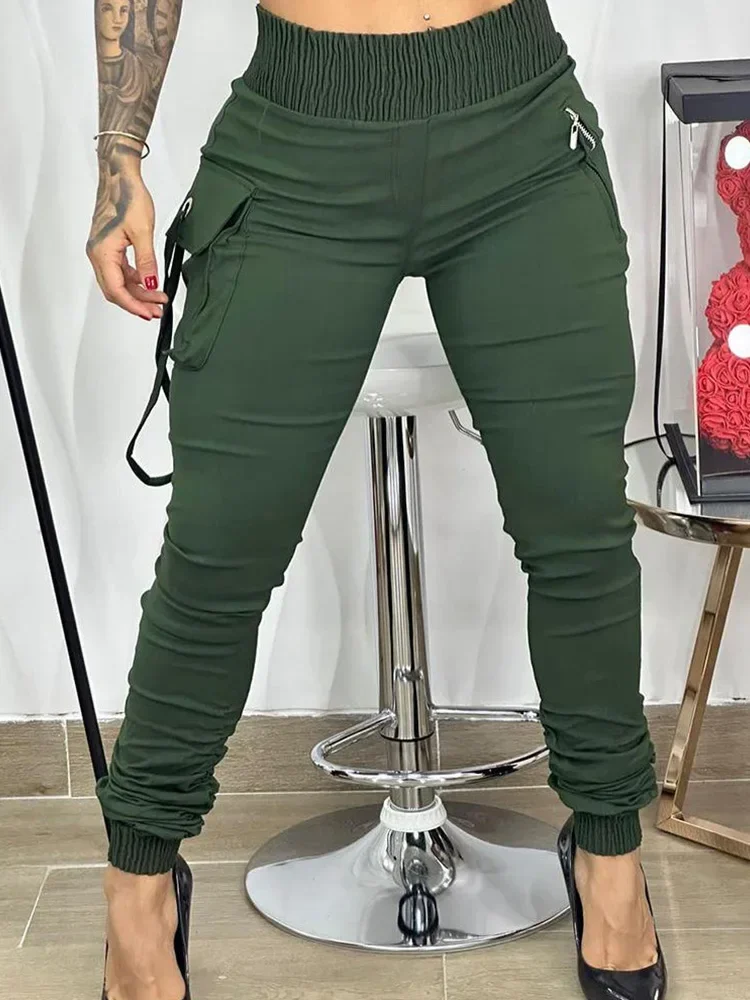 

Elastic Waist Zipper Pocket Design Women Casual Cargo Pants