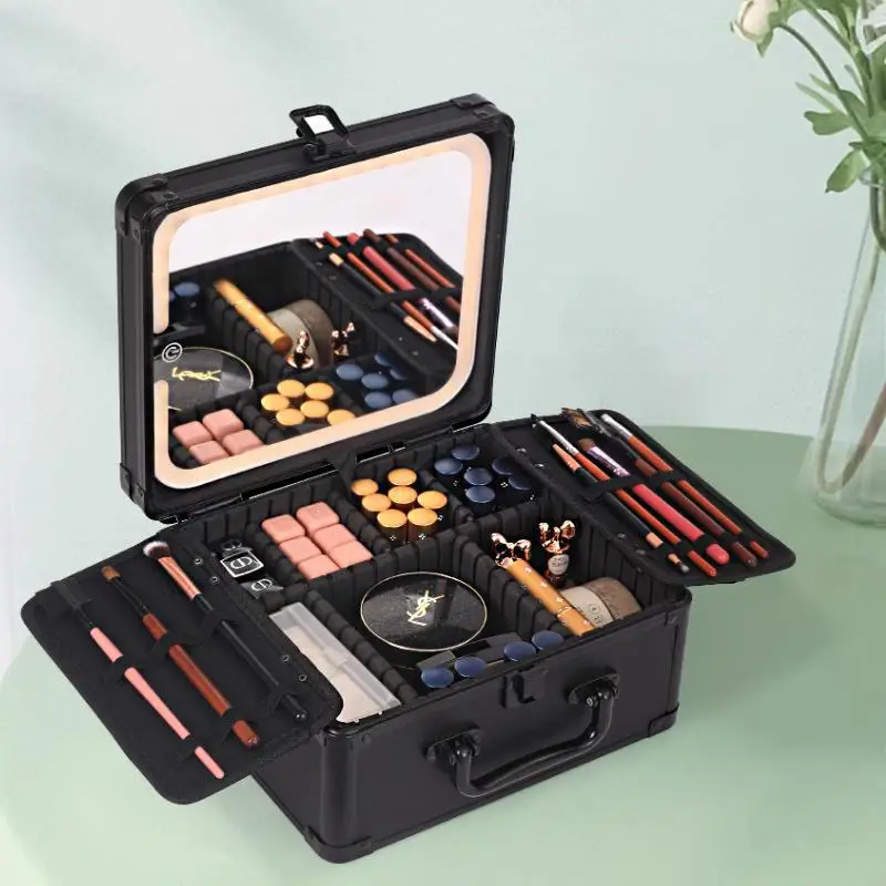 Portable Aluminum Makeup Storage Bag Multifunctional Magnetic LED Mirror Makeup Brush Organizer Waterproof Travel Cosmetic Case