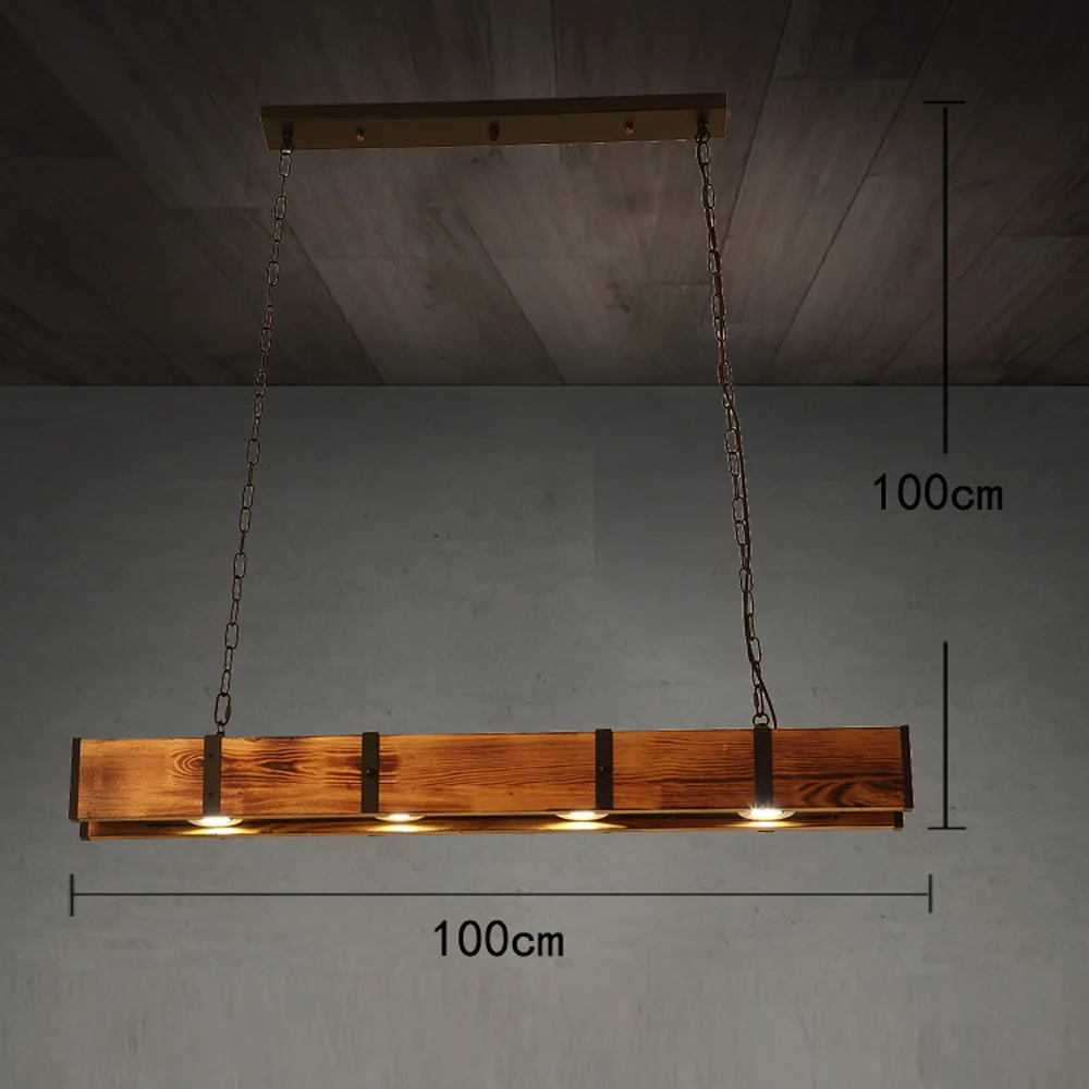 Industrial 4-Light LED Linear Rust Wood & Metal Ceiling light 12W Restaurant Warm Yellow Pendant Light