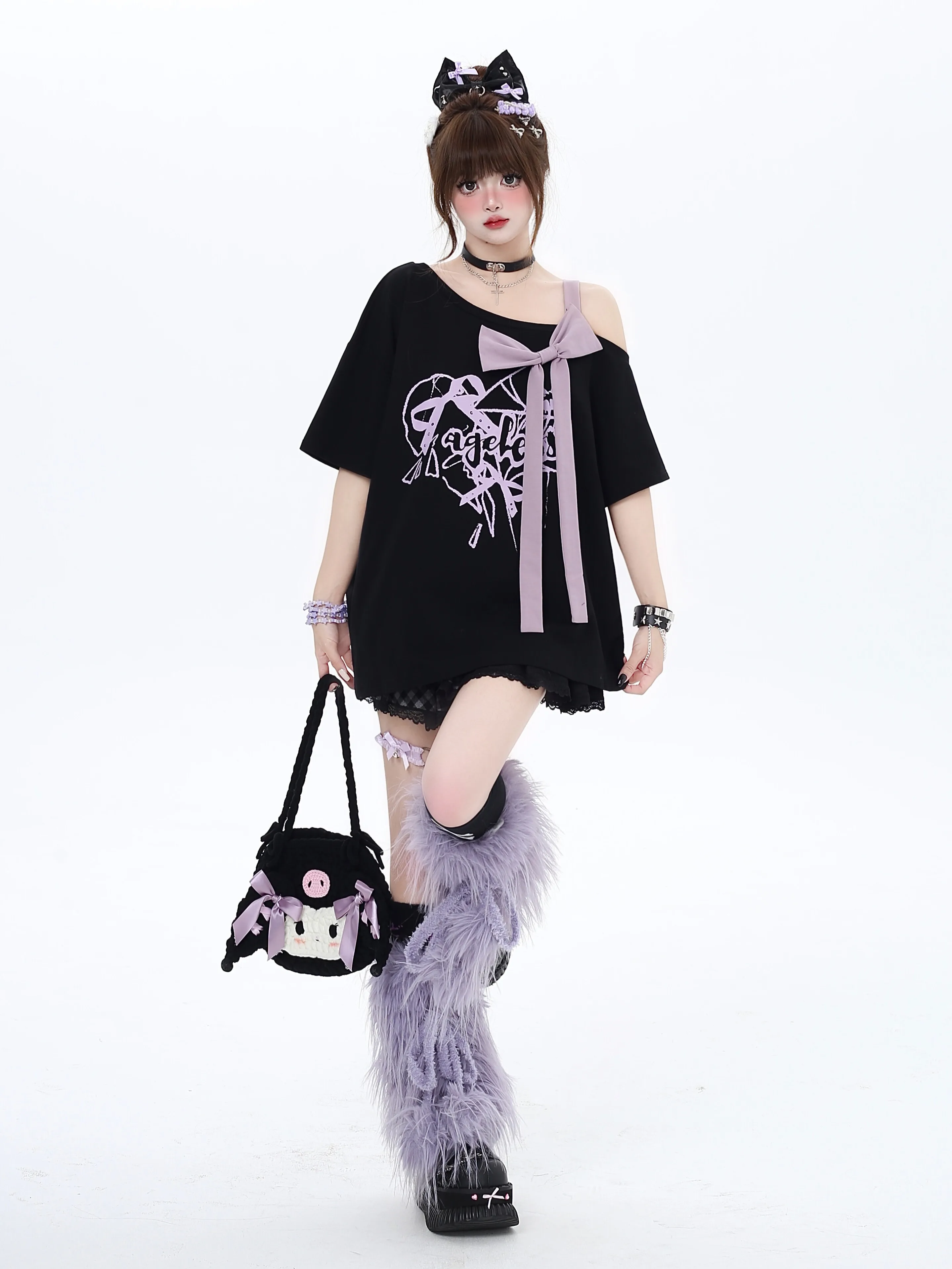 Crazygirl Original Light Asian Girl Design  Knot Shoulder Bared Loose T-Shirt Summer Casual Style Short Sleeve Women...