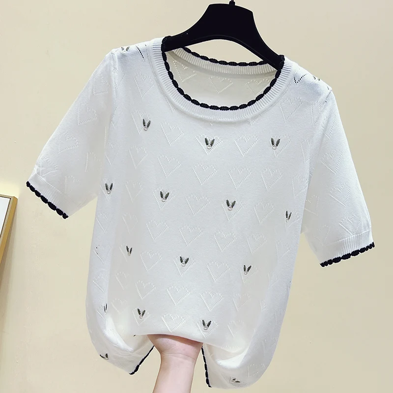 Summer Diamond Thin Knit Pullover Tops Women Short Sleeve Round Neck Loose T-shirts Casual Fashion Ice Silk Knitwear 2024