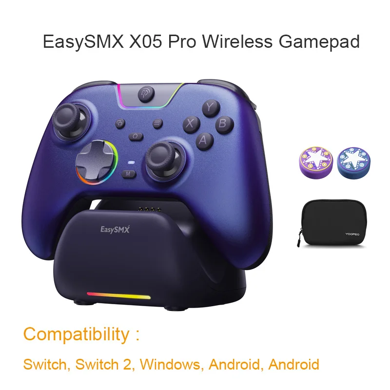 EasySMX X05 Pro draadloze gamecontroller voor PC, Nintendo Switch, iOS, Android met dubbele vibratie-motoren, oplaadstation gamepad