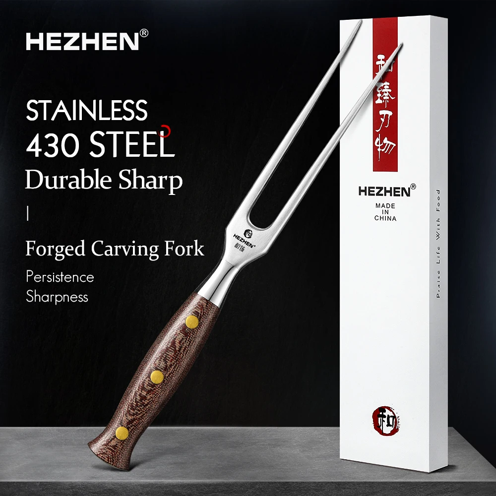 

HEZHEN Forged Carving Fork - 430 Stainless Steel with Micarta Handle & Copper Rivets, Professional Roast Meat Serving Tool