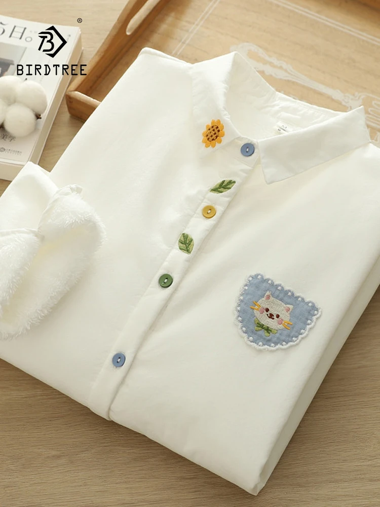 

Новинка 2025, осенняя хлопковая флисовая рубашка с длинными рукавами, женская отложной воротник с вышивкой, теплая милая свободная блузка Mori Girl T5O719CC