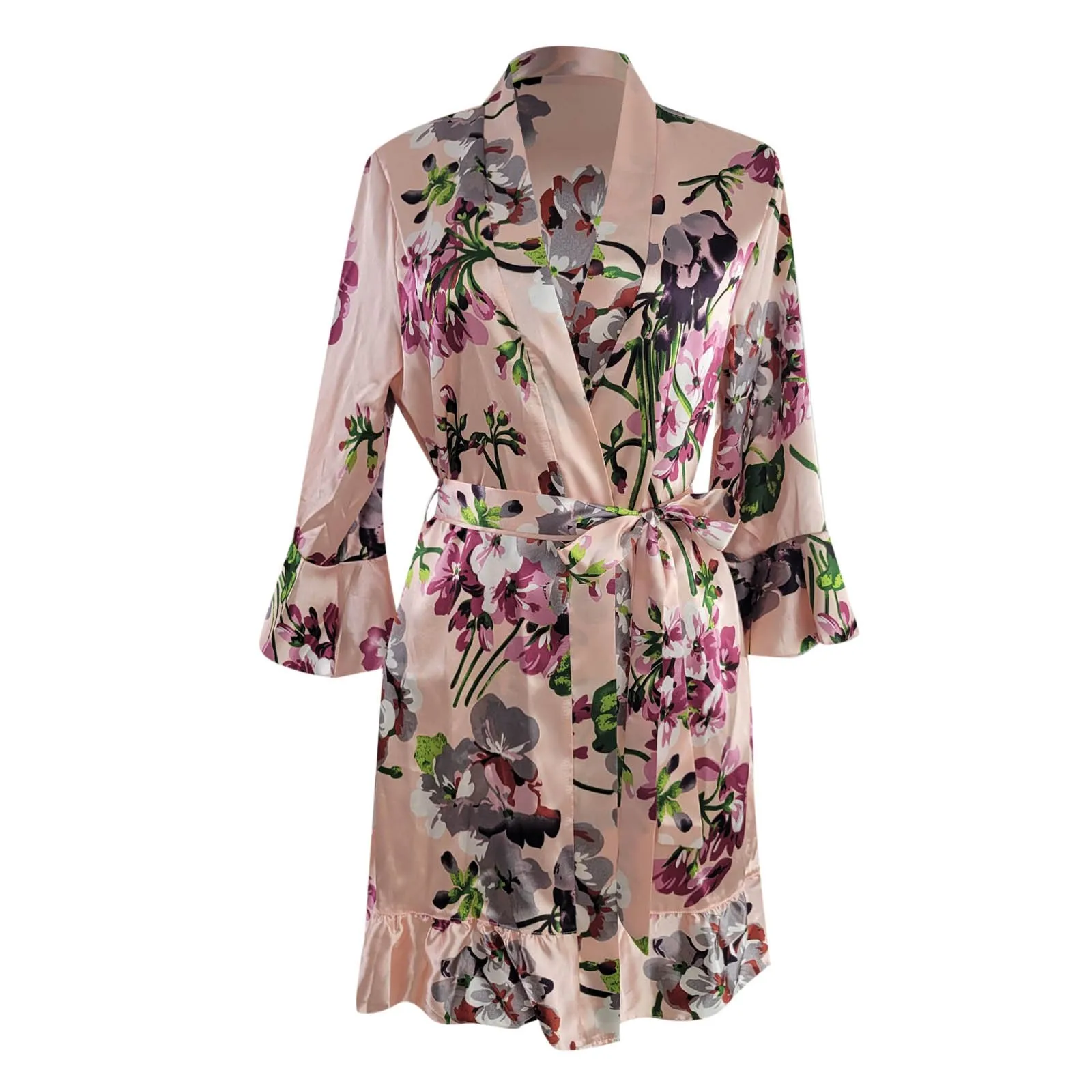 Silk Kimono Robe Womens Sleepwear Satin Silk Robes Nightdress Sexy Floral Printed Nightwear Cropped Ruffle Long Sleeves Robe