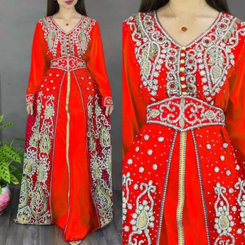 

Red Kaftans Farasha Abaya Dress In Dubai Morocco Very Fancy Long Dress European and American Fashion Trend