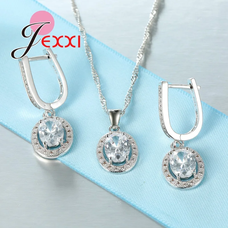 

Fashion Silver Color Jewelry Sets With Rhinestone Crystal Earrings And Pendant Chain Necklace Set Fine Jewelry