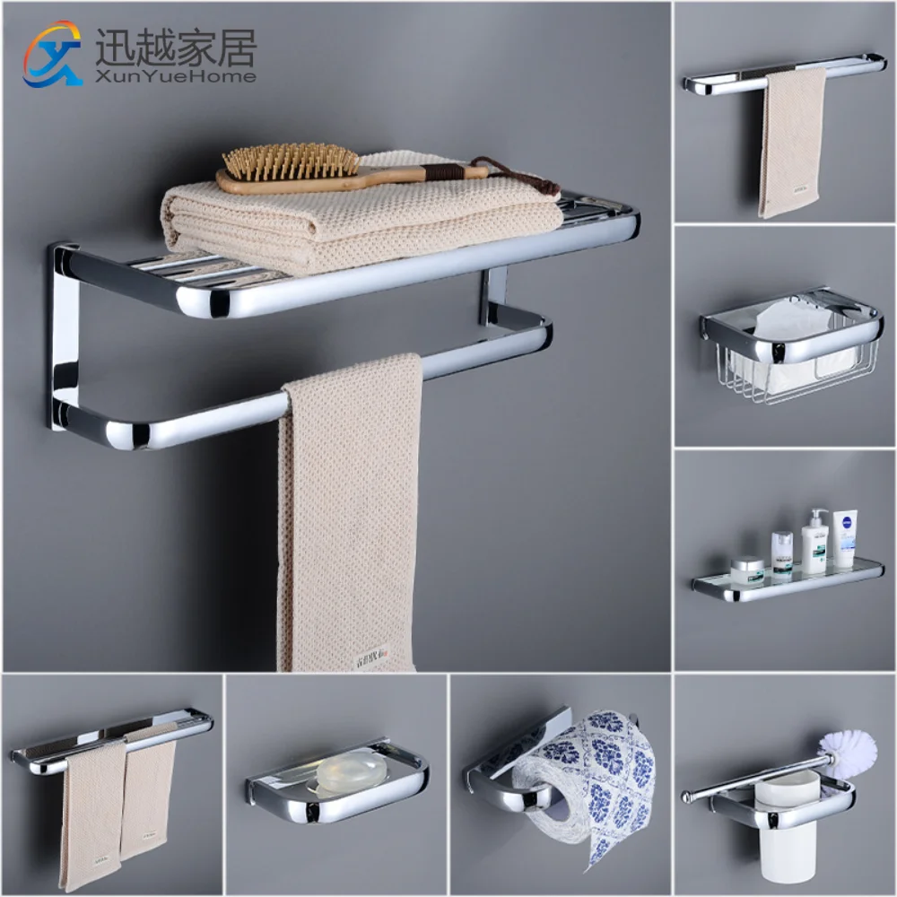 Bright Silver Chrome Plated Brass Bath Towel Rack Shelves Toilet Paper Holder Bars Hooks Bathroom Hardware Pendant Accessoires