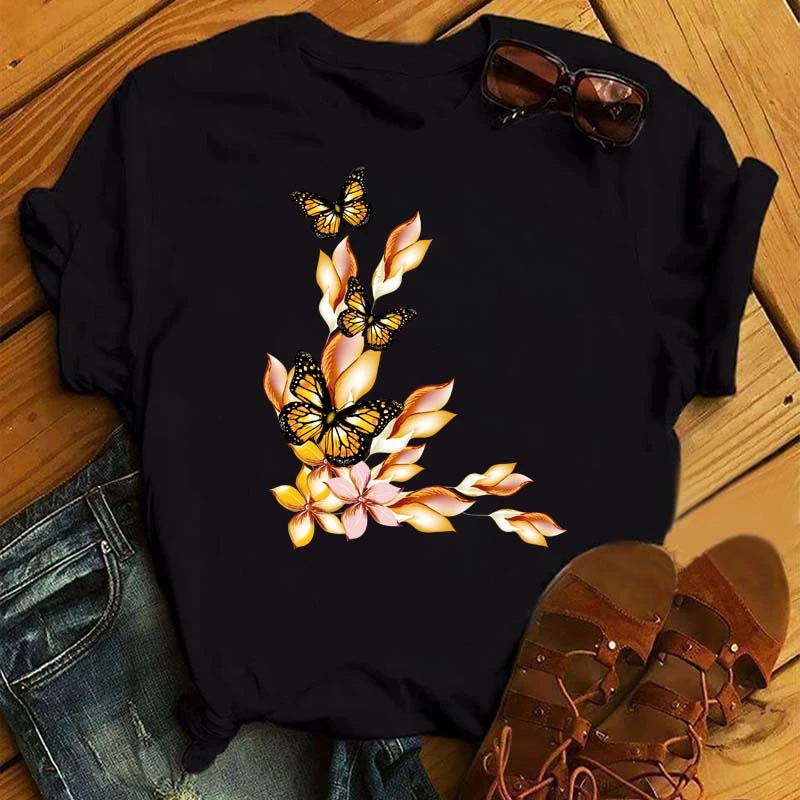 Women Flower Butterfly Fashion Print T Shirt Casual Short Sleeve Ladies T Tee Female Top Shirt Clothes Womens Graphic T-shirt