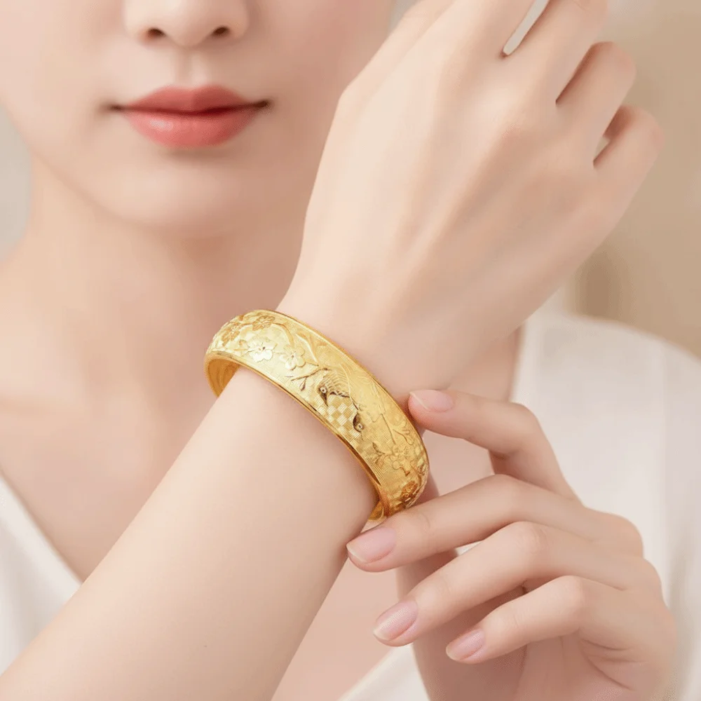 Engraved Plum Blossom Bracelet Matte Gold Traditional Magpie Cuff Bangle Smooth Edges Nickel Free Vintage Bird Wristlet Wedding