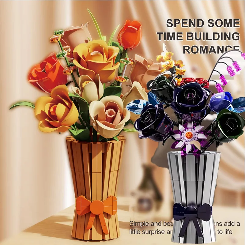 

Rose Flower Model Building Blocks Bouquet With Vase Desktop Decoration Assembled Educational DIY Toys Bricks Girl Romantic Gifts