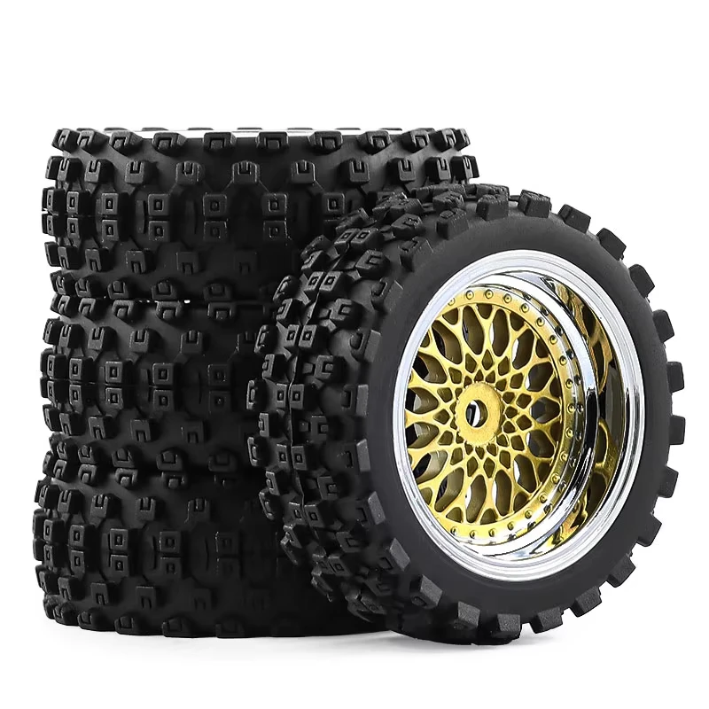 Pneus en caoutchouc tout-terrain pour voiture RC 1/10, jantes en maille dorée, pneus à motif bloc pour rallye sur circuit court, pièce de rechange pour amélioration de modèle RC