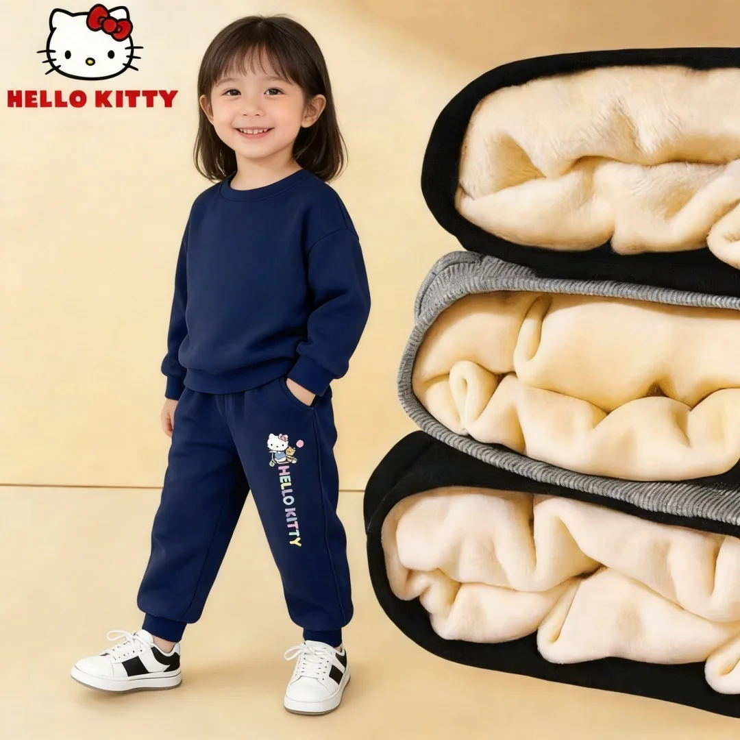 

Hello Kitty Children Winter Plush Fleece Sweatpants Girls Blue Thickened Windproof Trousers Soft Comfortable Warm-keeping Pants