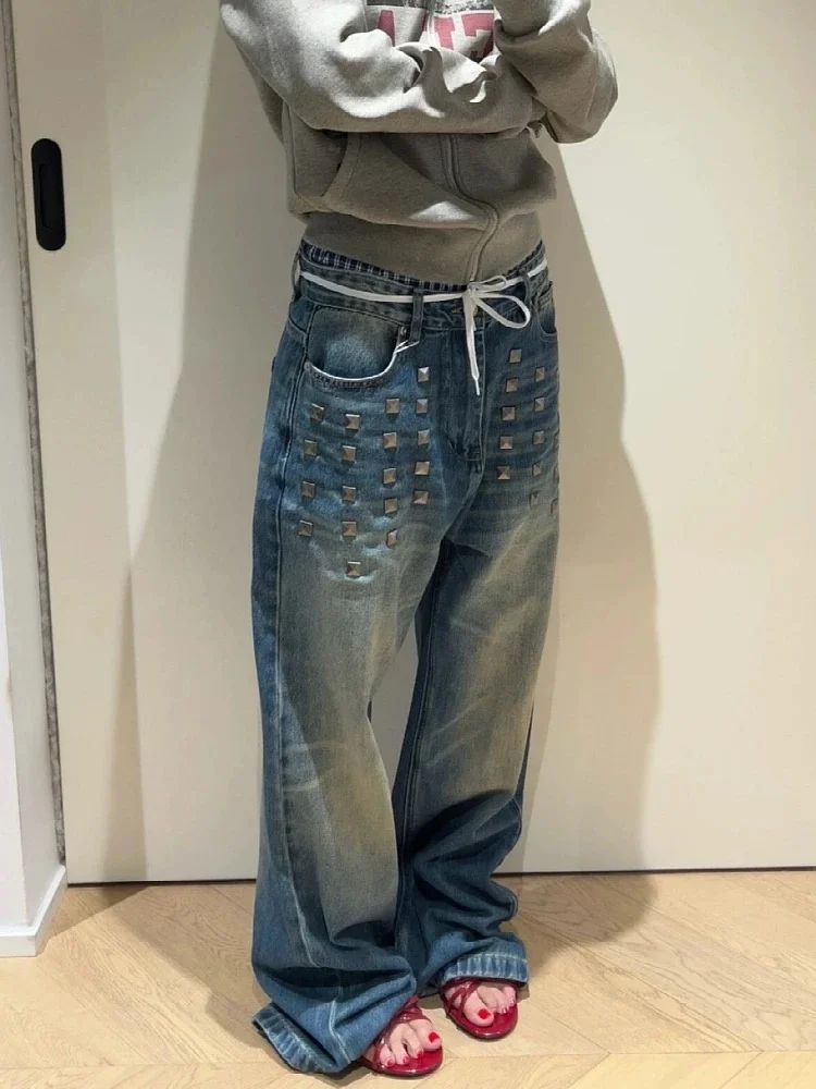 2025 Punk Y2K Style Vintage Blue Rivet Baggy Women's Jeans Pants Streetwear Wide Leg Woman Clothing Denim Trousers Ropa De Mujer