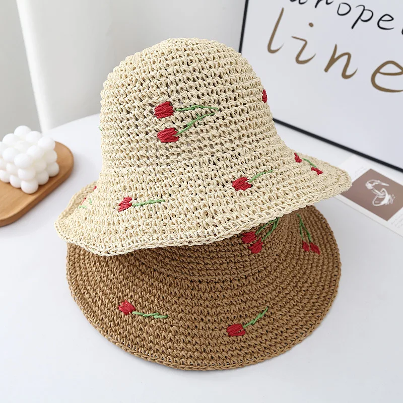 New Summer Women Visor Bucket Hat Wide Brim Beach Korean Straw Hand Crochet Cherry Hat For Women Girl Outdoor Fishing Sun Hats