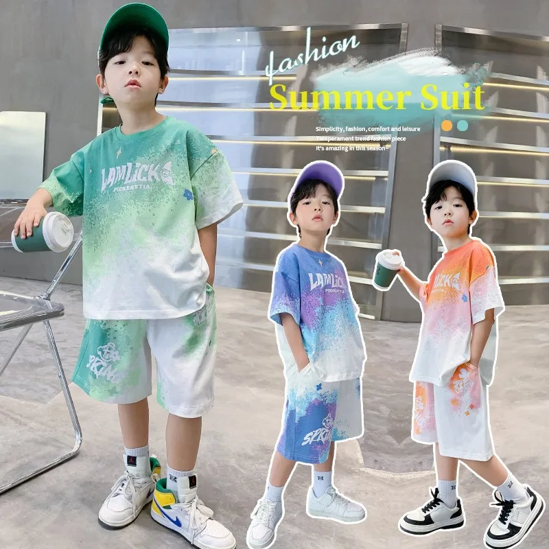 

Summer Boys Alphabet Contrast Tie Dye T-Shirt Tops+Shorts Pant Workout Sets School Kids 2PCS Tracksuit Children Outfits 5-16 Yr