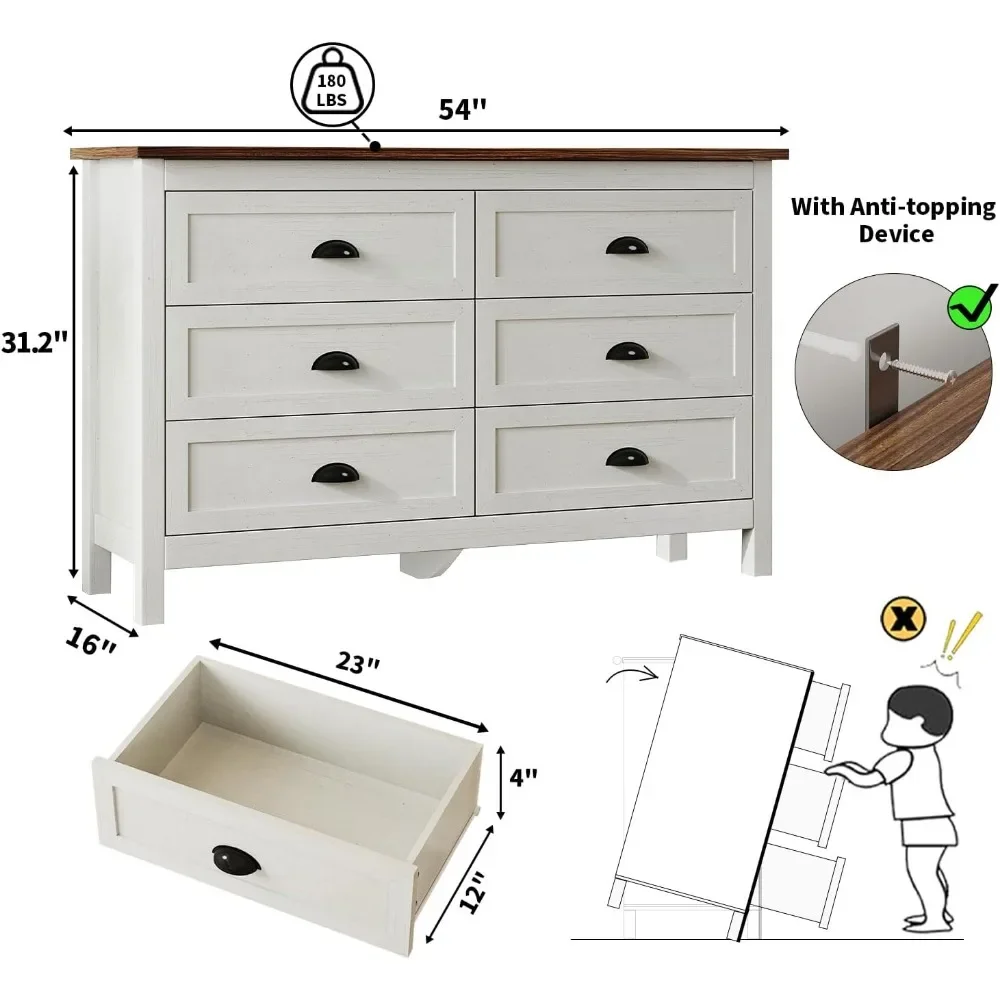 White Dresser for Bedroom, Modern 6 Drawer Double Dresser for Bedroom with Vintage Black Handle, Wide Wood Dressers