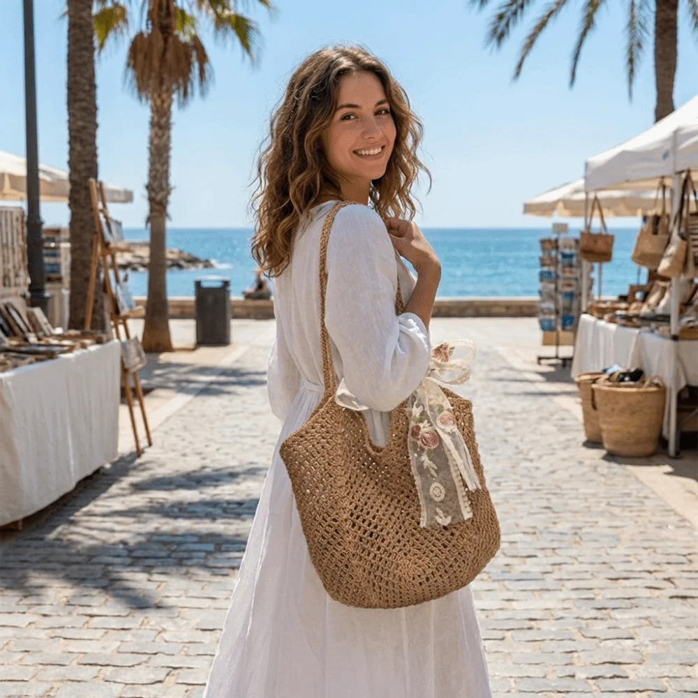 

Casual Solid Color Women Knitting Shoulder Bag Hollow Bohemian Crochet Tote Bag Large Capacity Shopping Bag Woven Handbag Female