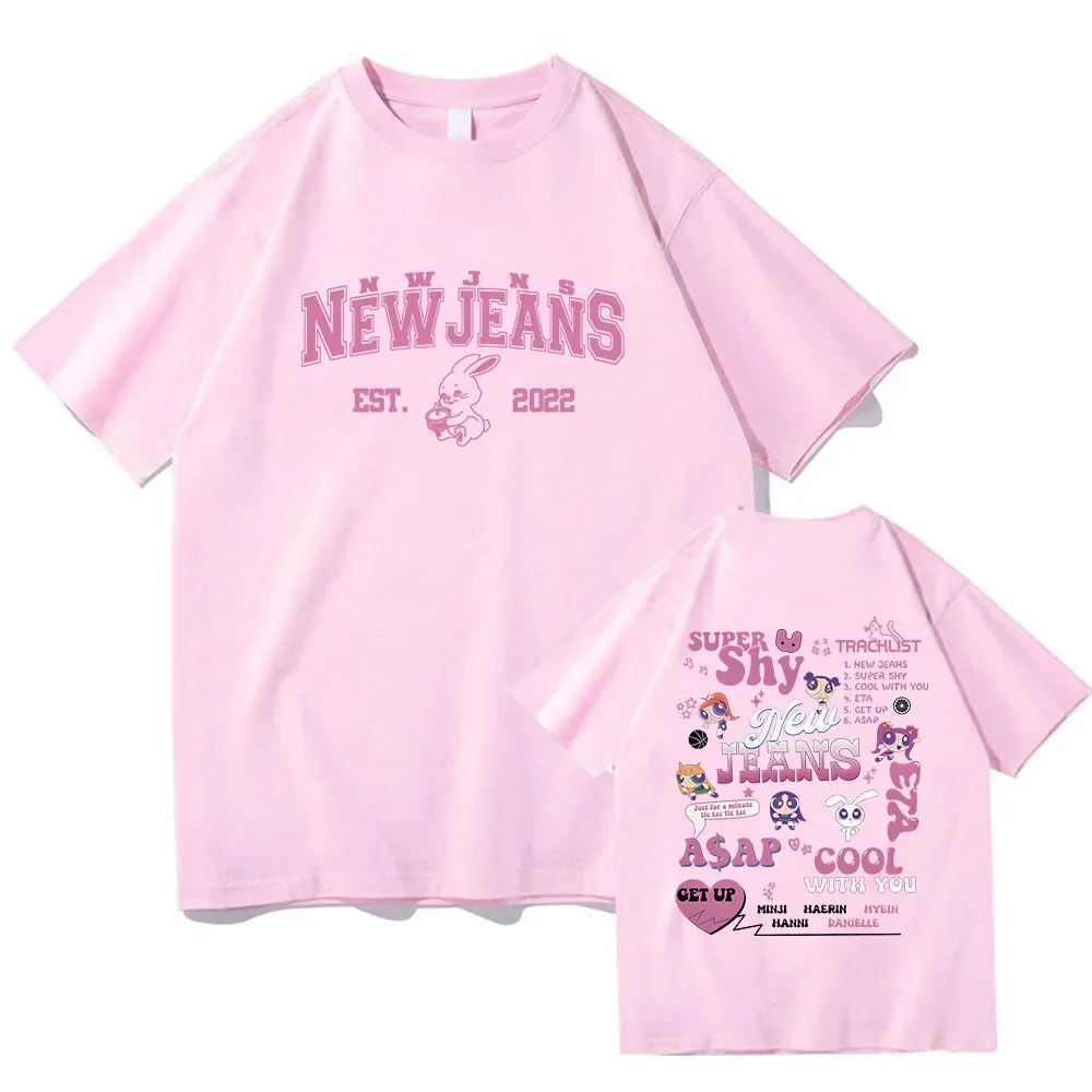 Camisetas Kpop Band New-Jeans con estampado Kawaii de conejitos rosas, camisetas de algodón de alta calidad para hombres y mujeres, camisetas gráficas para niñas