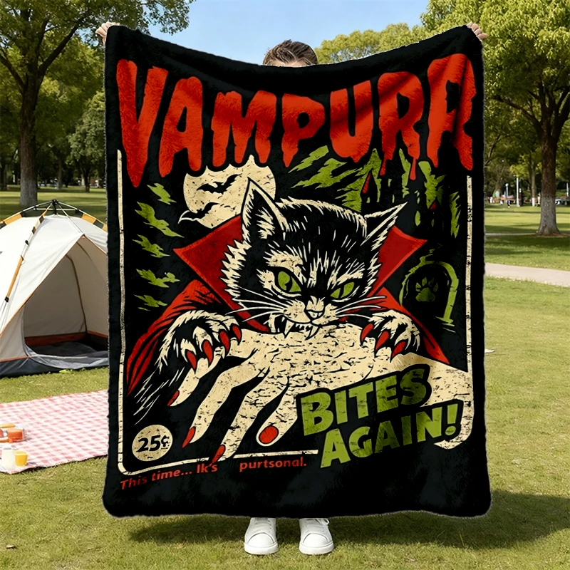 Funny Cat Halloween Flannel Blanket, Vampurr Bites Again Halloween Flannel Throw, Spooky Black Cat Lover