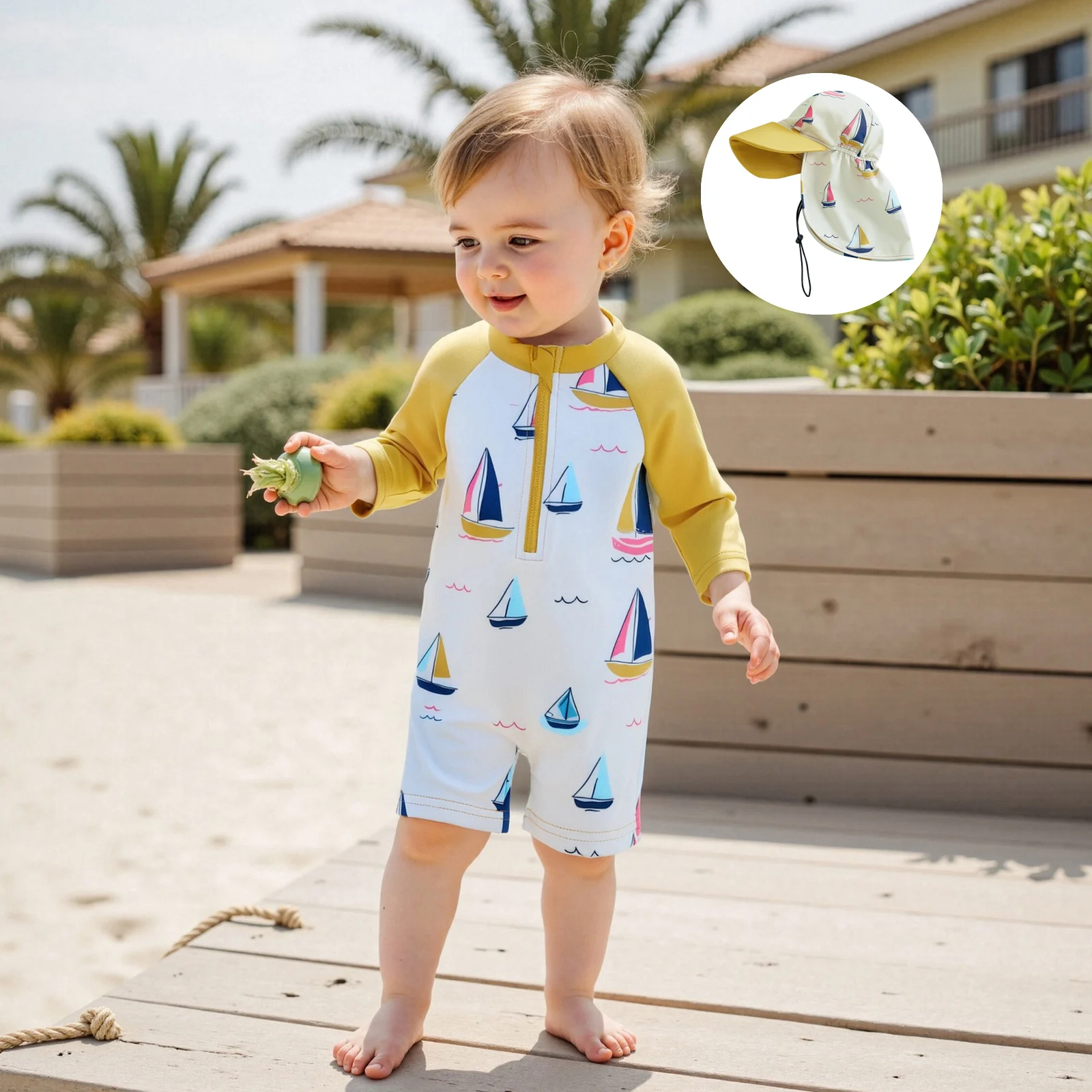 Toddler Boy Rash Guard Swimwear with Hat 2Pcs Set Sailboat Print Zip Up Long Sleeve Crew Neck Swimsuit Romper for Beach Pool 5