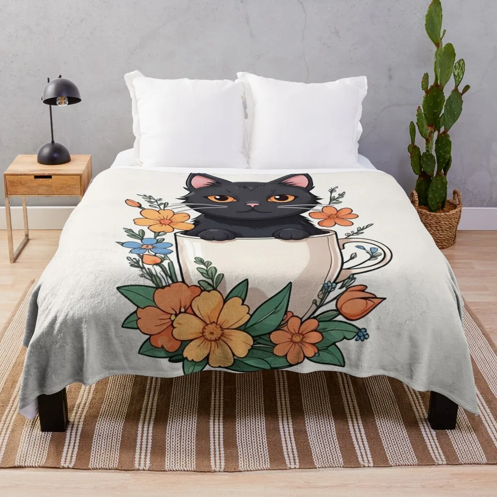 

Cat, coffee and flowers Throw Blanket Thermals For Travel Multi-Purpose Blankets For Bed Beautifuls Blankets