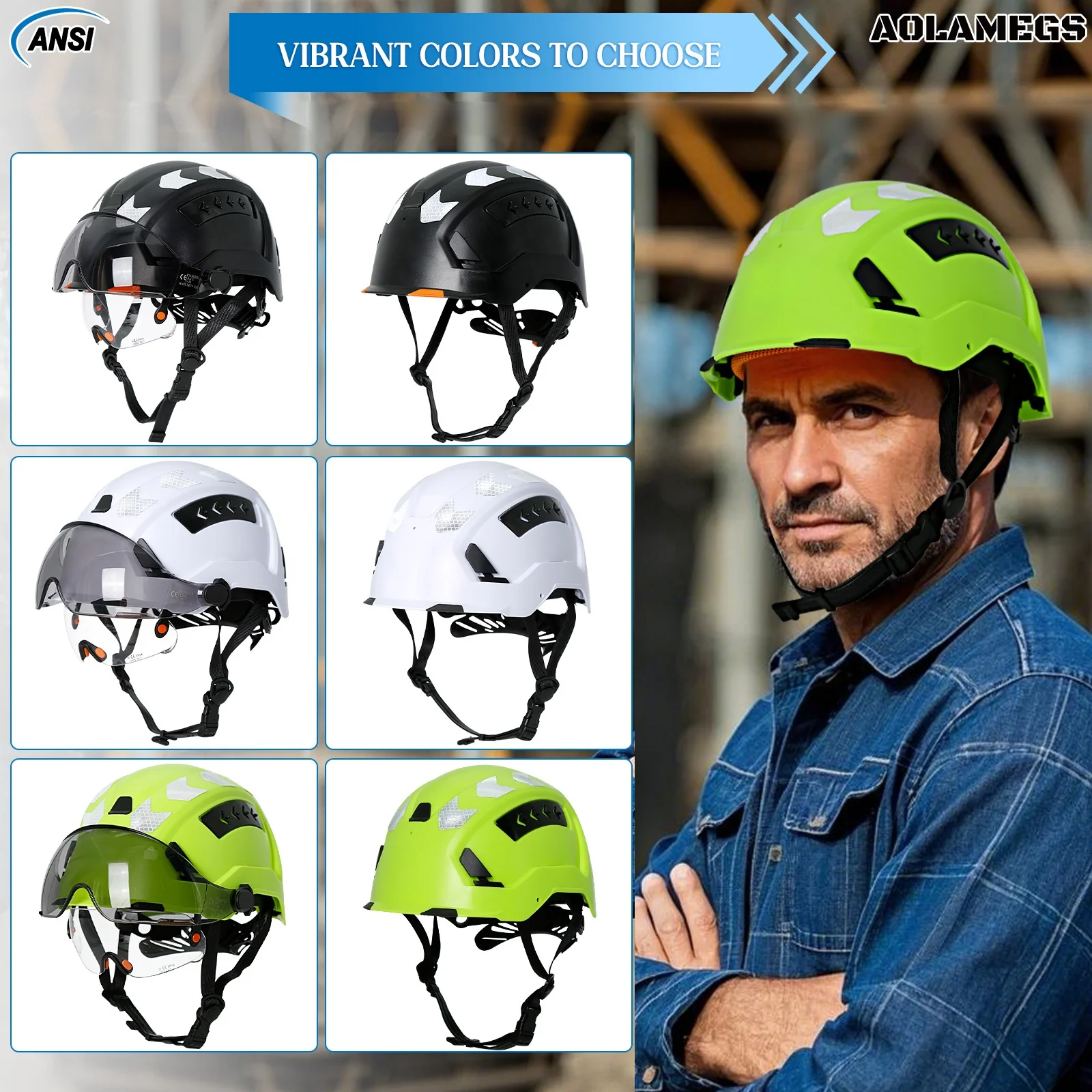 CE ANSI Safety Helmet Double Goggles Sliding Vented ABS Hard Hat Construction Site Work Cap for Industrial Engineering Cap