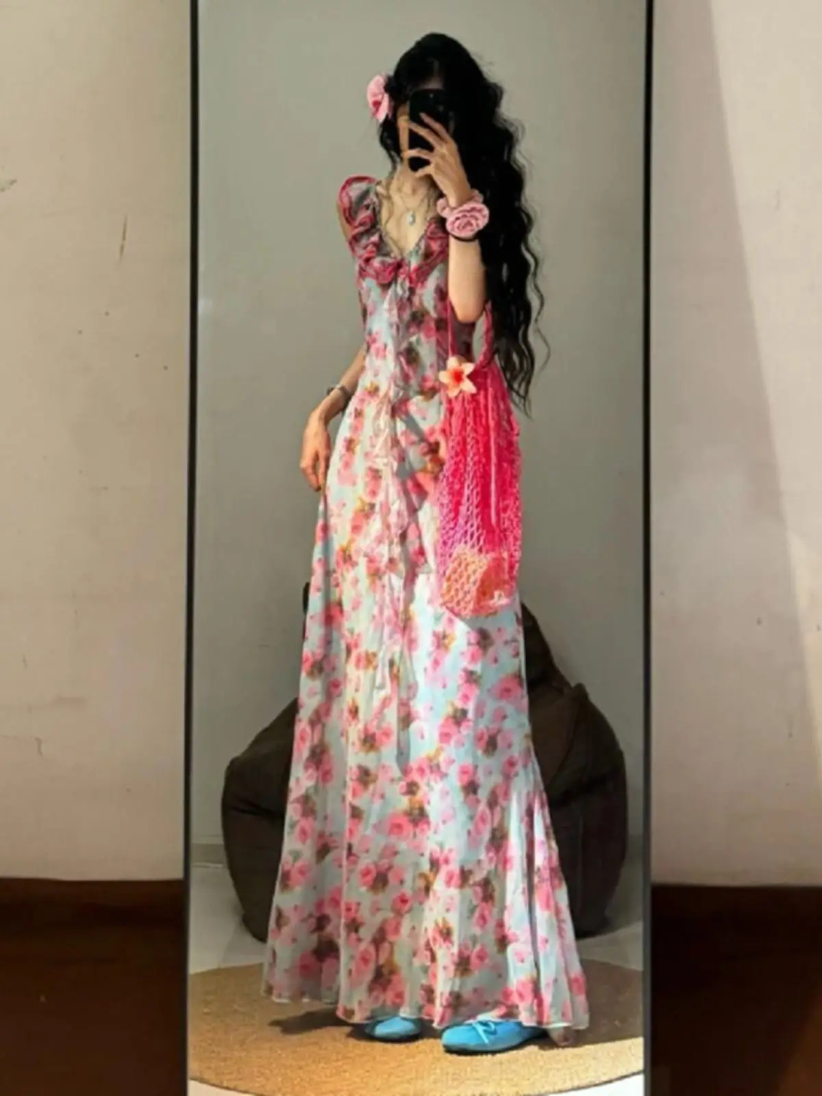 

Women Clothing Dress for Women Summer New High-end Designed Niche Temperature French Style V-neck Floral Waist-hugging Dress