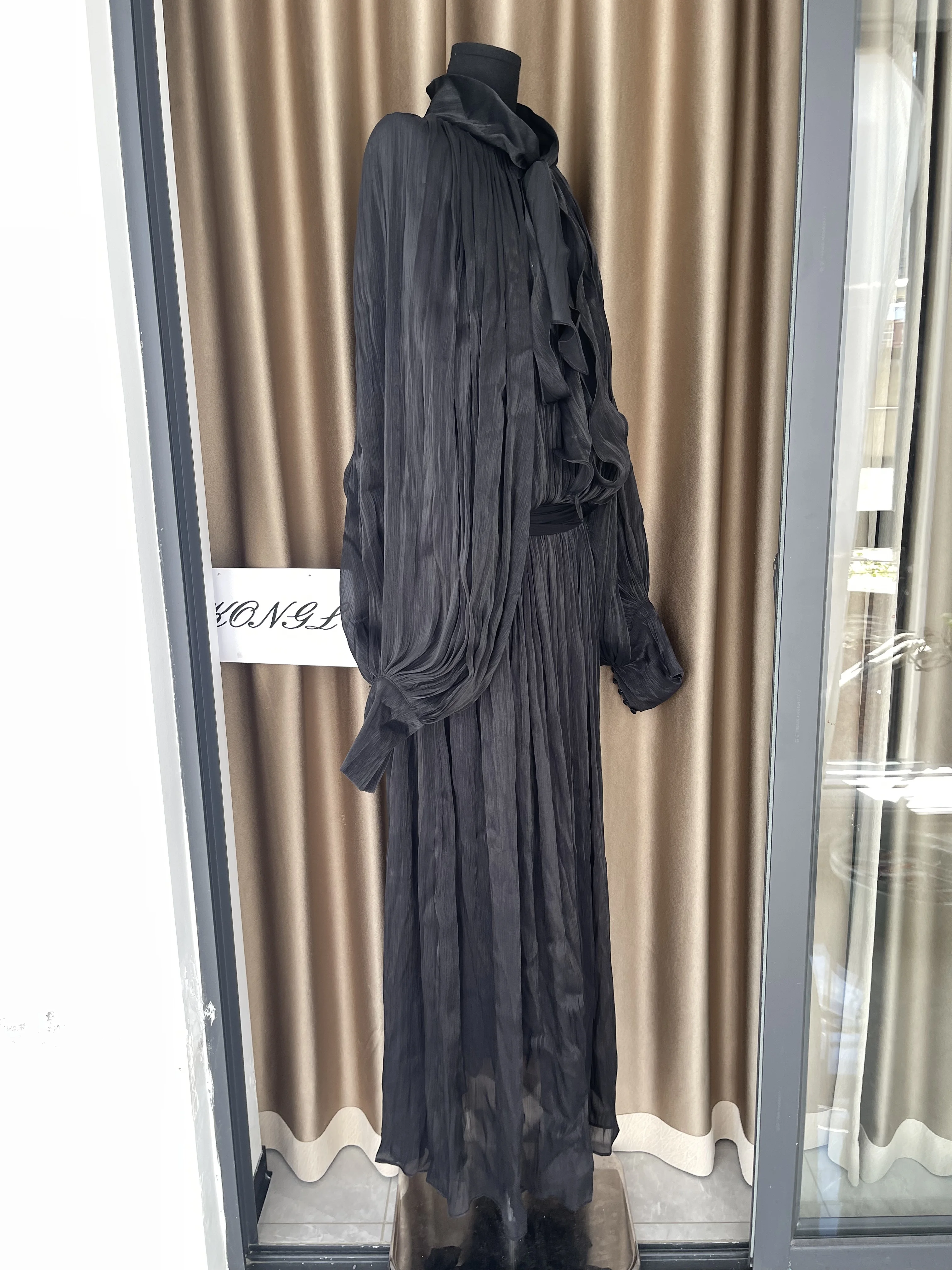 Vestido de Gala elegante para fiesta de noche, Sexy, liso, elegante, con cuello levantado, manga larga, cintura alta, con cordones, para discoteca, ropa para espectáculo nocturno