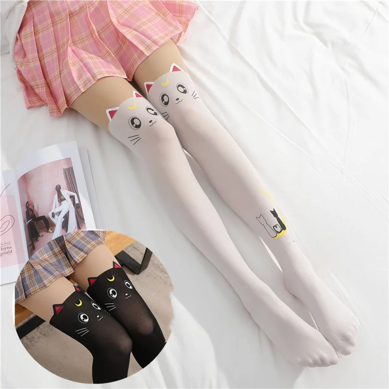 Cartoon Knee Socks Moon Cat Printed Thigh Stockings Comics Cute Lolly Slimming Sock High Tube Panties