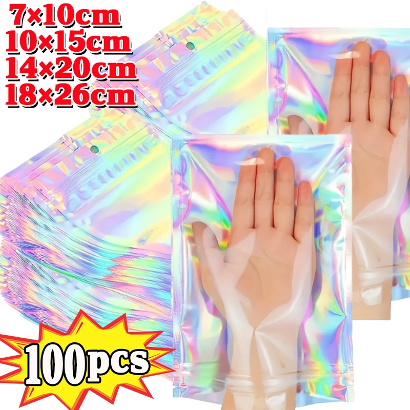 100-piece holographic bag, multi-size laser rainbow pattern self-sealing bag, suitable for candy bag and front window samples