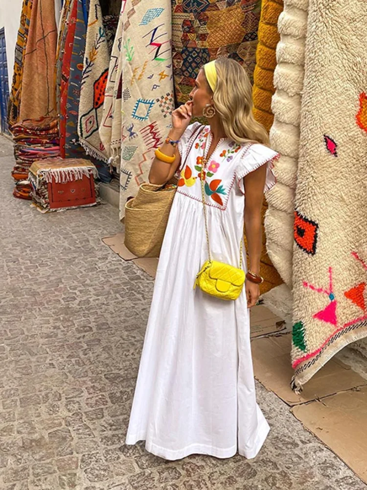 Women Loose Printed Flying Sleeve Dress Women Fashion V-neck Ruffles Hem Long Dresses 2024 New Summer Female Holiday Robes 