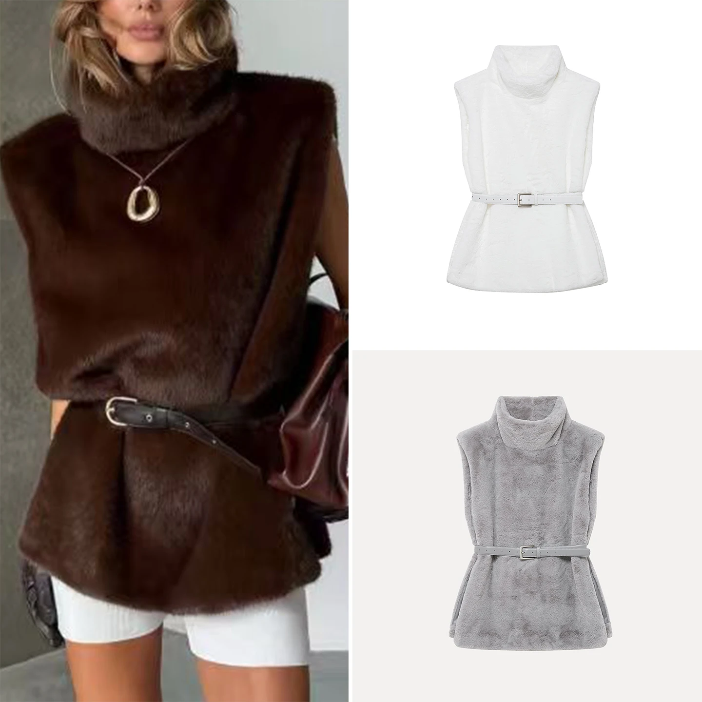 

Faionable 2025 Winter Women's Vest Jaet Commute Versatile Belted All-Match High Collar Color Brand Z