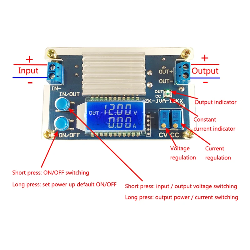 Ajustável Step-down Power Converter Module, LCD Digital Tensão Atual Display, 12A, CC, CV