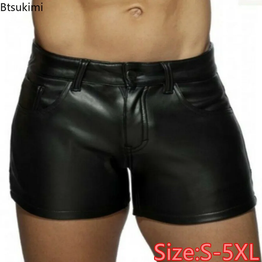 

New 2025 Men's Faux Leather Shorts Fashion Nightclub Sexy Low Waist Black Shorts Male Slim Casual PU Leather Shorts with Pockets