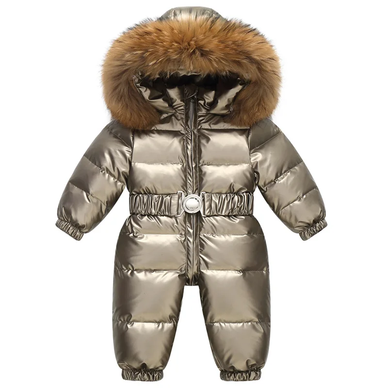 RAISE Winter Baby Boy Overalls Shiny Waterproof Hooded Girl Down Jacket Baby Boy Warm Jumpsuit Kid Girl Faux Fur Collar Ski Suit