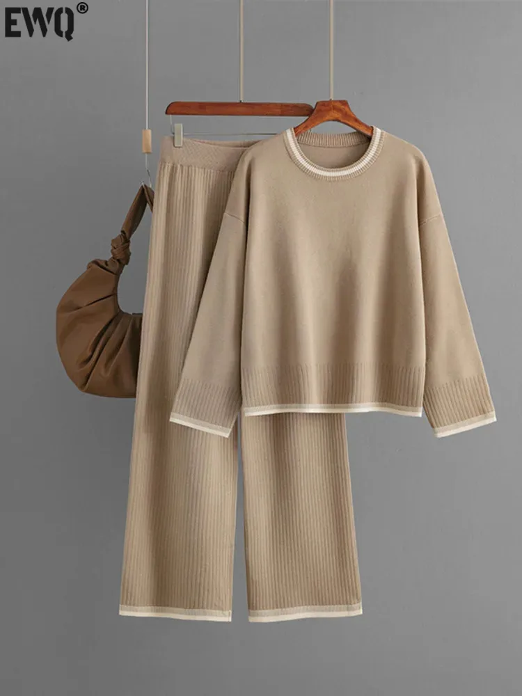 [EWQ] Minimalist Style Women O-neck Long Sleeve Loose Sweater Tops High Waist Pant Khaki 2 Piece Set winter 2024 Autumn New Z165