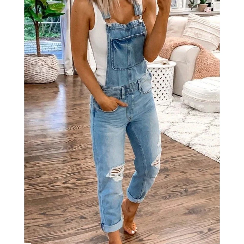 

Hand Frayed Pocket Design Women's Denim Jumpsuits One Piece Outfits Summer Overalls