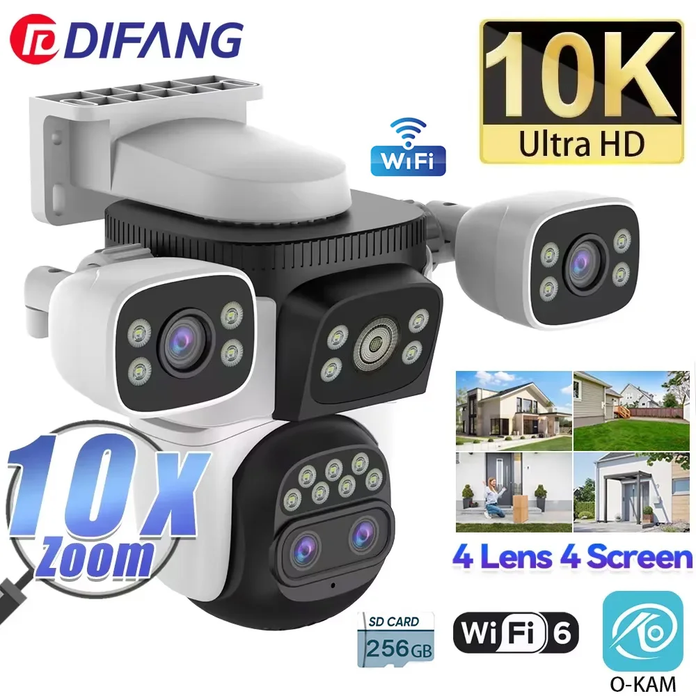 10K WiFi6 Outdoor Camera 20MP 10X Optics Zoom Four Screen Four Lens PTZ Automatic Tracking 6K Dual Lens Waterproof Security CCTV