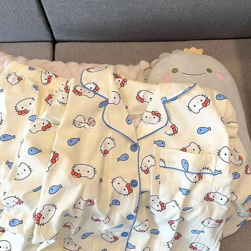 Sanrios مرحبا كيتي طويلة الأكمام منامة 2 قطعة Kawaii طباعة كاملة الكرتون نمط الخريف الطفل السراويل لطيف فتاة لينة ملابس المنزل