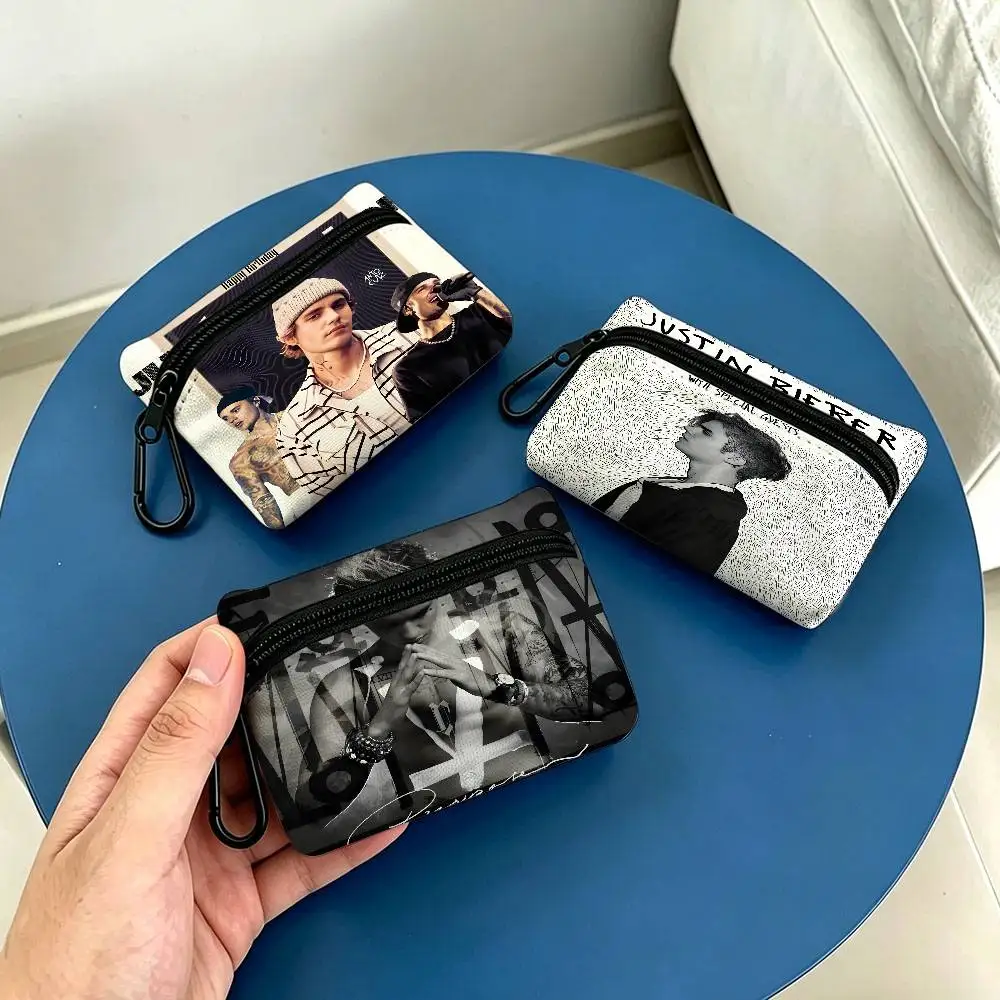 Pop Singer J-Justin B-BieberS Lightweight Oxford Fabric Coin Purse Carabiner Hook Design Mini Card Key Organizer Bag