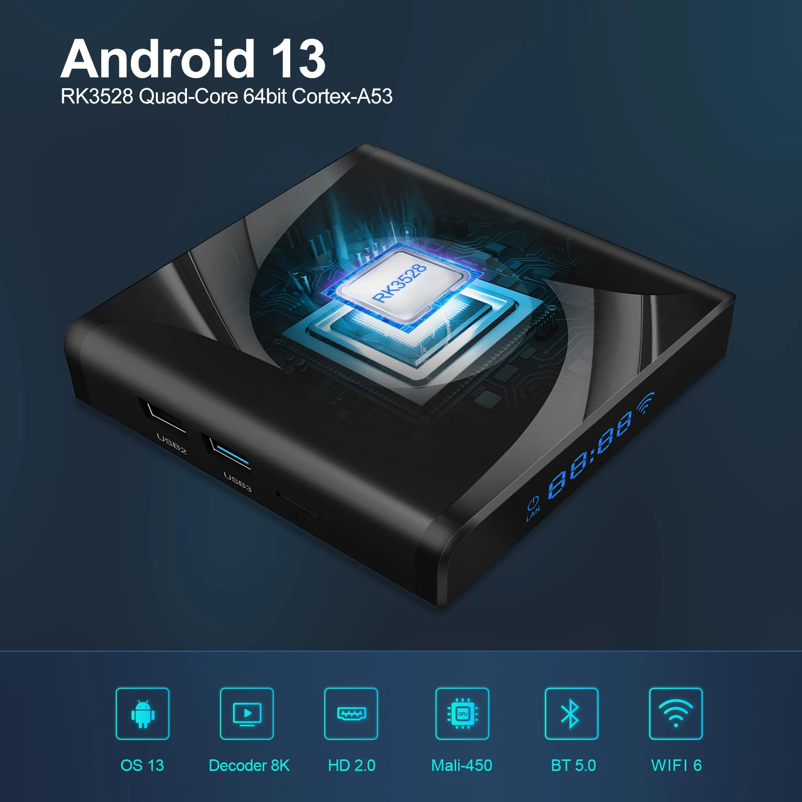 Новый Rockchip RK3528 Android 13.0 ТВ-приставка 4 ГБ 128 ГБ 64 ГБ 32 ГБ X88 PRO 13 Поддержка 8K декодирования видео USB3.0 BT5.0 Wi-Fi6 Телеприставка