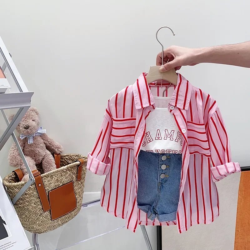 

Mom Children Suit 2023 Summer New Fashion Korean Girls Stripe Long Sleeve Shirt + Vest Pants Three Piece Kids Clothes Set