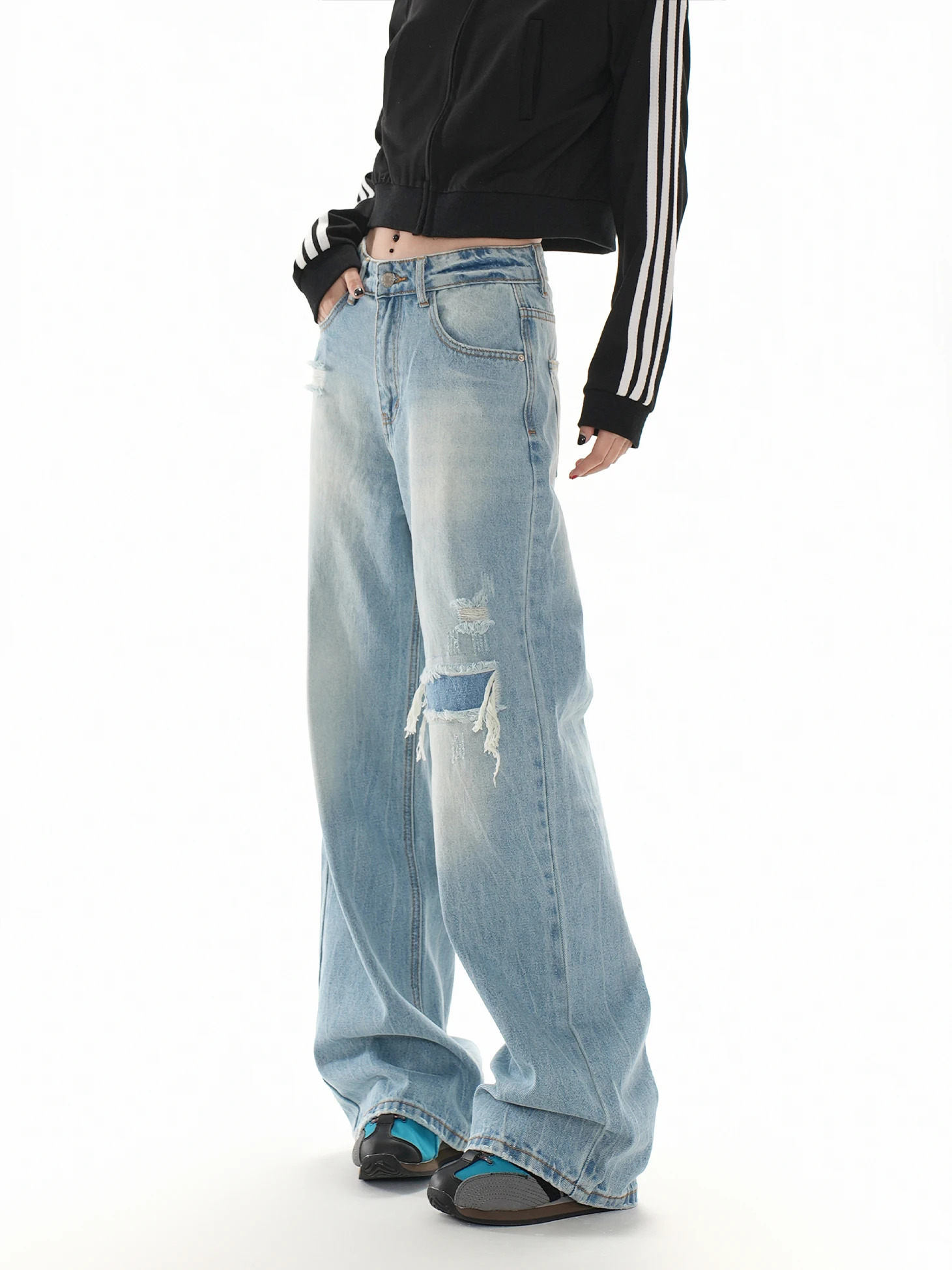 

Носимые женские джинсы в стиле ретро с американской талией, прямые широкие брюки, новые весенние свободные утягивающие синие джинсовые брюки