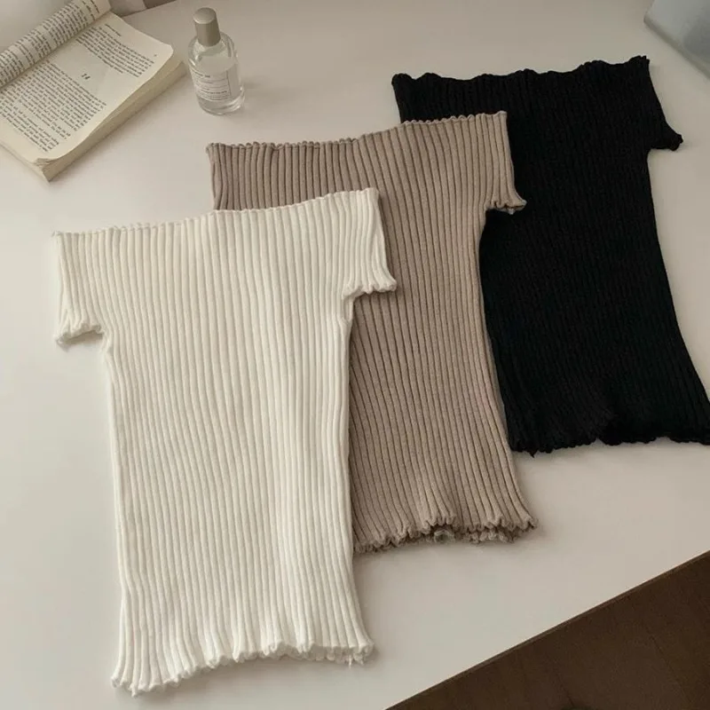 Women's Off-the-shoulder Slim Fit Short-sleeved Sexy Elegant Slash Neck Knitted Tees Simple Stripe Twist T-Shirts Ladies Tshirts