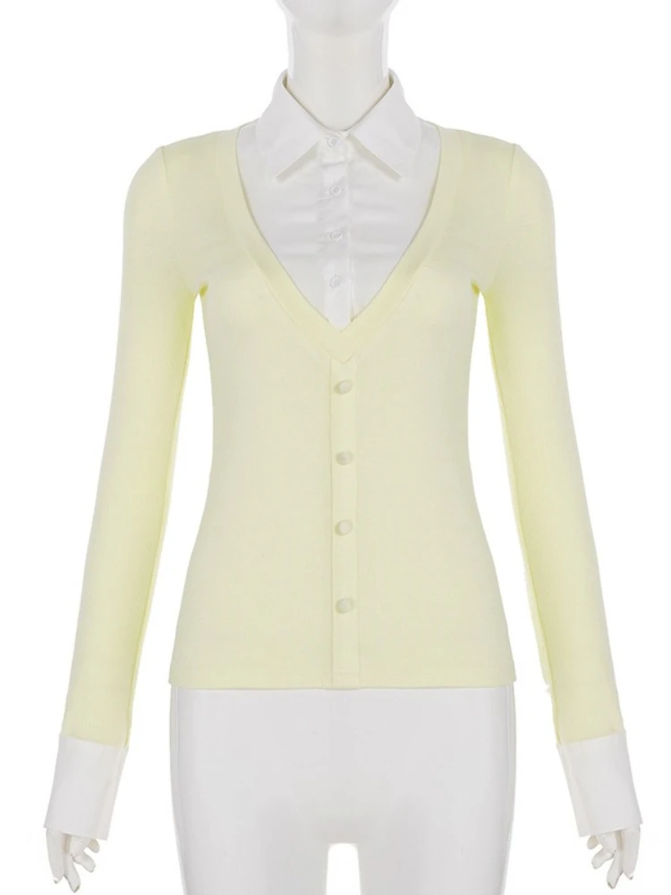 SsTss الحلو الكورية نمط متماسكة للنساء موضة كتلة اللون وهمية قطعتين رفض طوق كم طويل سليم البلوز القمم #5