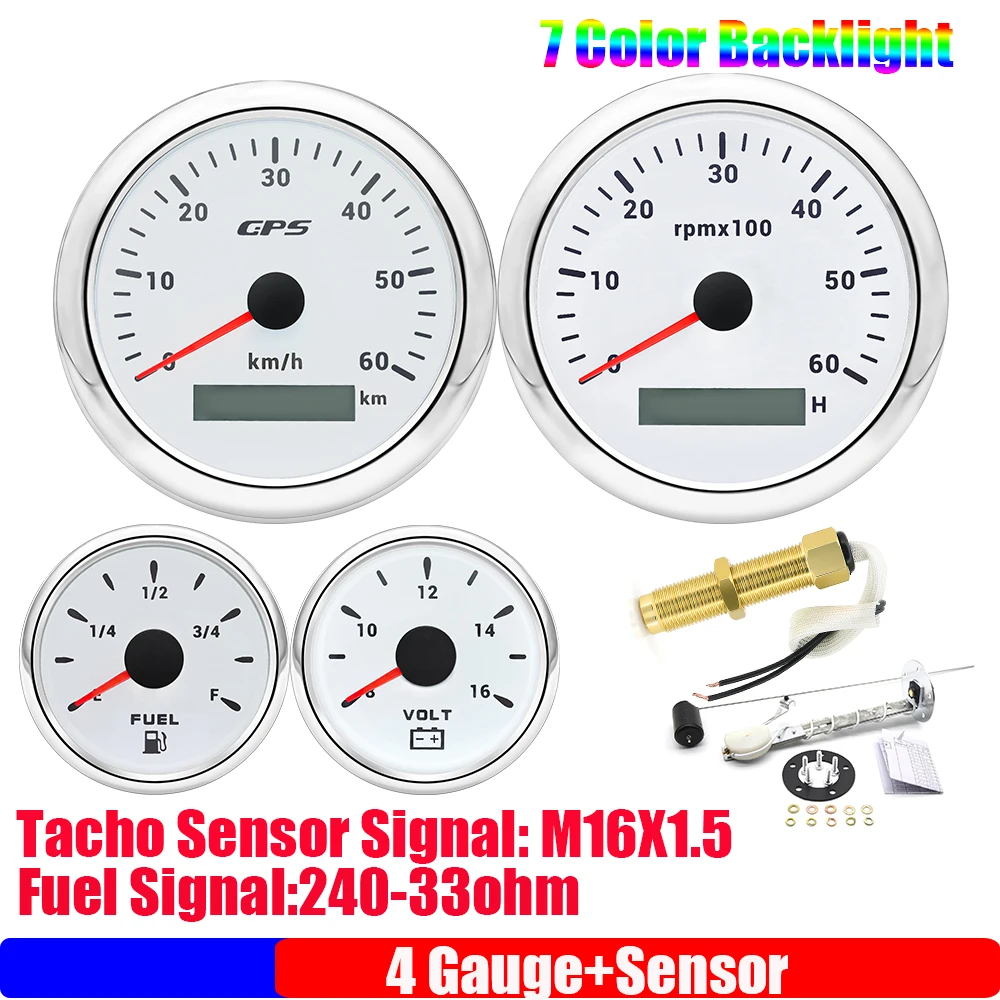 

7 Color Light 85mm 60KMH GPS Speedometer Gauge 6000RPM Tachometer+52mm Fuel Level Gauge+240-33OHM Fuel Sensor+Voltmeter for Car